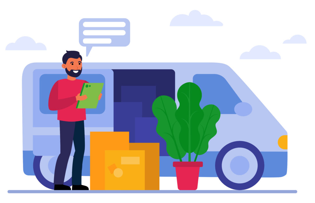 Smiling courier standing near van and boxes flat vector illustration. Cartoon postman shipping packages on truck. Delivery service and transportation concept